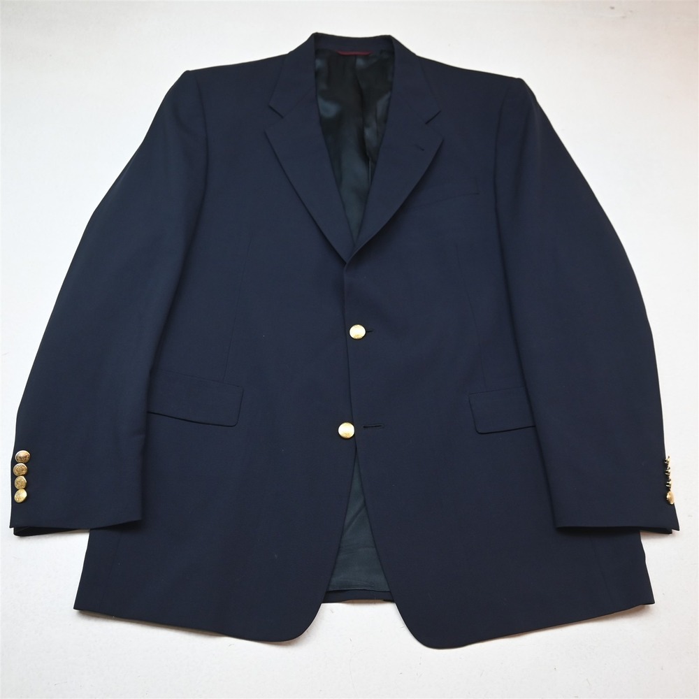 Vtg USA Made Hart Marx 44L Navy Blue Wool Gold Button Blazer Jacket Sport Coat